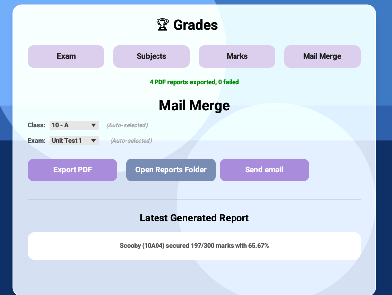 Export PDF success message and Open Reports Folder button