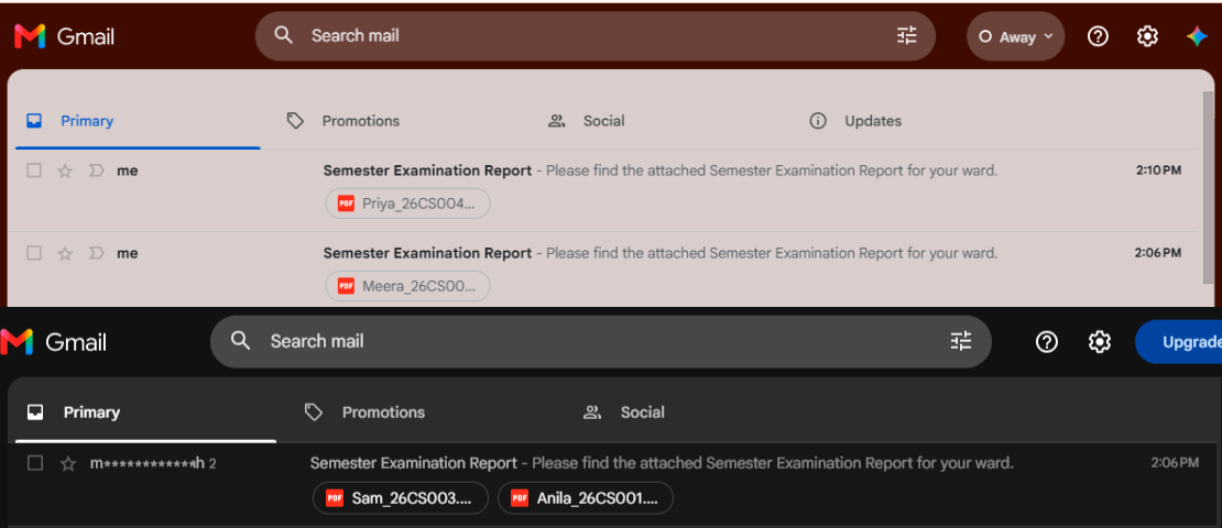 Parent inbox showing the delivered student report email.