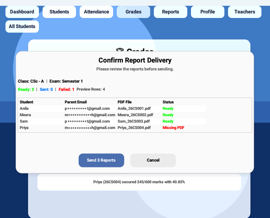 Report delivery preview with missing PDF
