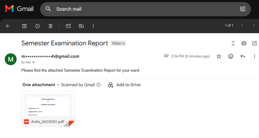 Opened email showing the attached student PDF report.